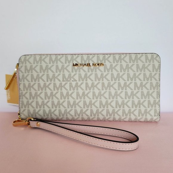 MICHAEL KORS Signature Logo Jet Set Travel Continental Wallet/Wristlet-Pwr Blush - Picture 1 of 16